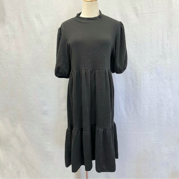 Zara puff sleeve black heavy knit mock neck tiered midi dress size medium - Picture 1 of 16